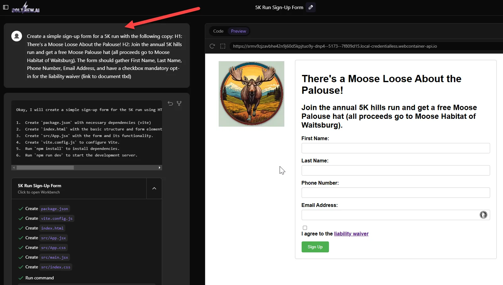 Bolt.new workspace showing a text prompt alongside its generated preview of a 5K run signup form.